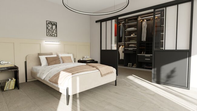 3D render of a bedroom with walk-in closet by Cedreo