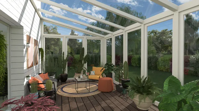 3D render of a backyard garden escape sunroom designed with Cedreo