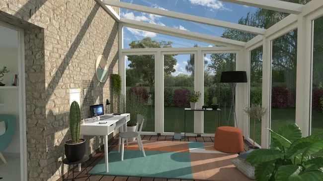 3D render of a home office in a sunroom designed with Cedreo