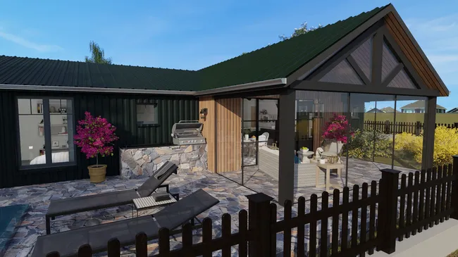 3D render of a Ranch house with a 3-season sunroom designed with Cedreo