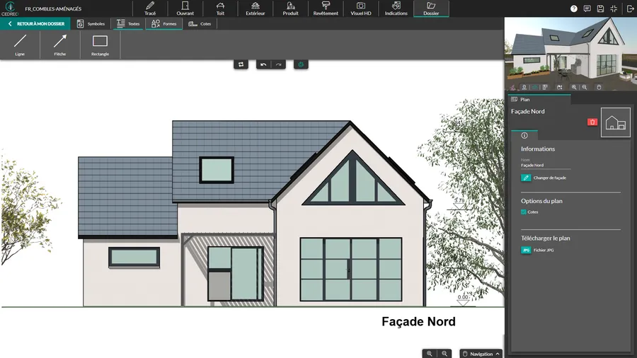 Capture d'écran du logiciel Cedreo avec mise en avant de la mise à jour automatique des plans