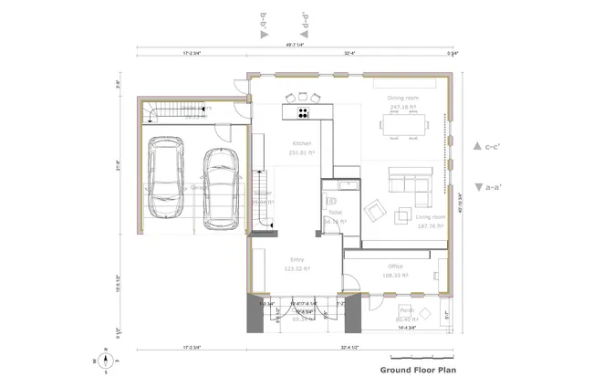 2D ground floor plan with symbols of a craftsman house by Cedreo