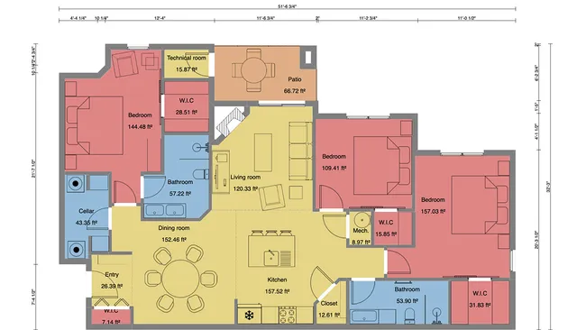 2D floor plan with symbols and color of an apartment by Cedreo