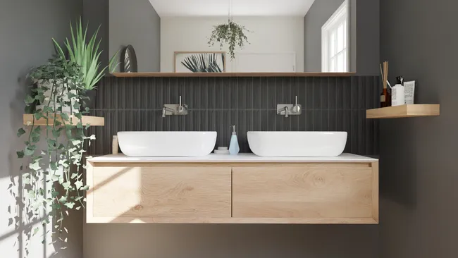 3D render of a black and metal accents bathroom with wall-mounted vanity by Cedreo