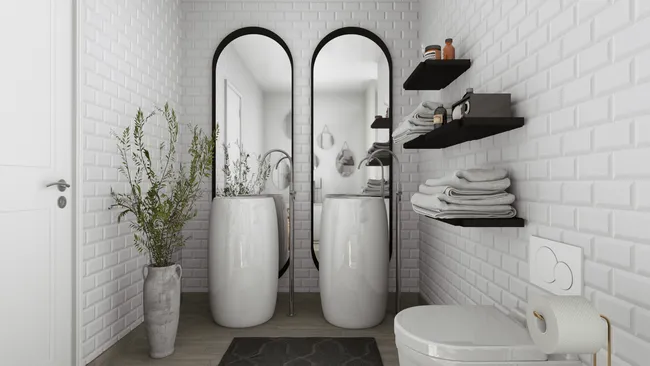 3D render of a bathroom with glossy white subway tile by Cedreo