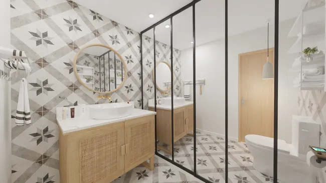 3D render of a powder room with floor-to-ceiling tiles by Cedreo