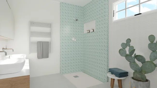 3d render of a frameless shower bathroom by Cedreo