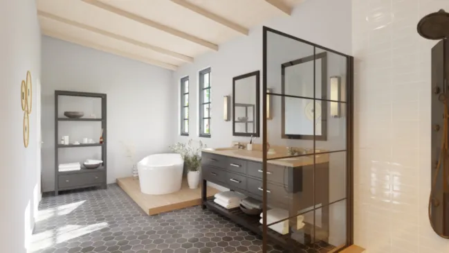 3D render of a bathroom with shower and bath, created with Cedreo