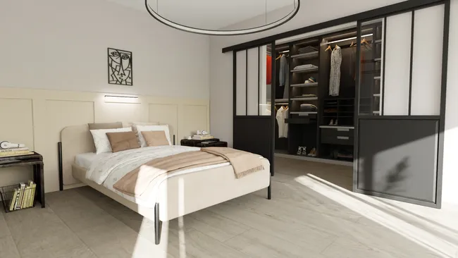 3D render of a master bedroom with walk-in closet created with Cedreo