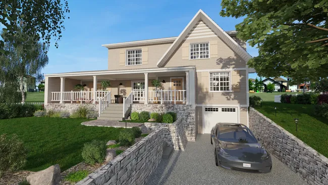 3D render of a Craftsman house with sloped terrain designed with Cedreo