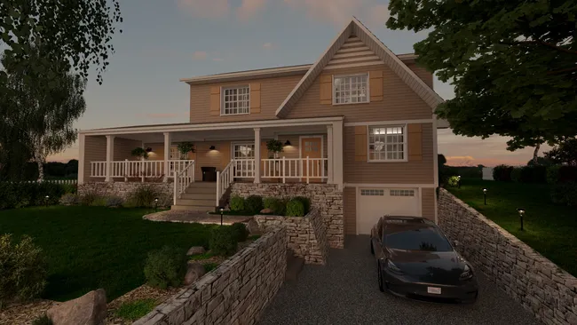 3D render of a Craftsman house at night designed with Cedreo
