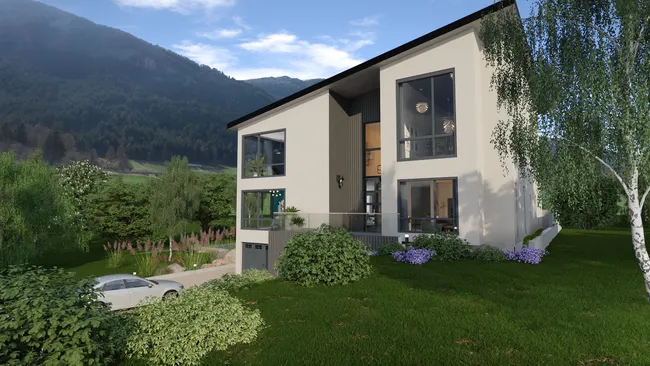 3D rendering of a house with single slop roof created with Cedreo