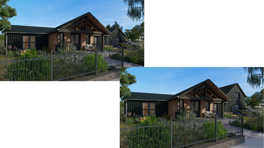 before / after 3D render of a garage addition Ranch house by Cedreo