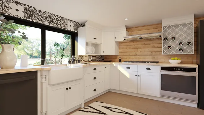 3D render of a kitchen in a barn style tiny house designed with Cedreo