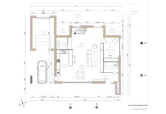 Plano en 2D de la planta baja de una casa realizado con Cedreo.