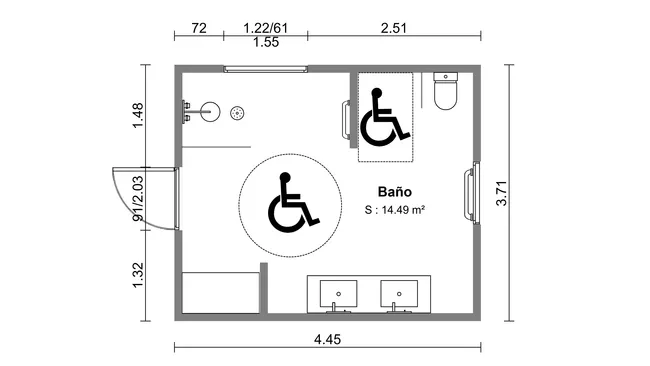 Plano en 2D de un cuarto de baño adaptado para personas con discapacidad.