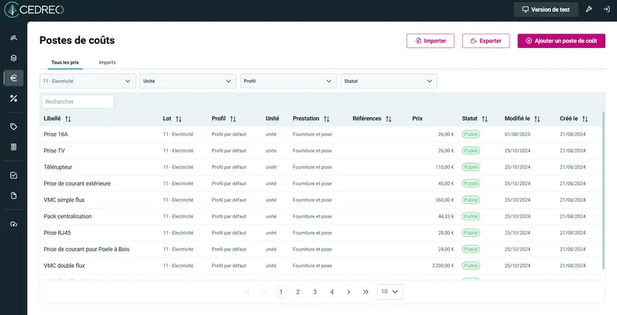 capture d'écran option chiffrage Cedreo postes de coûts
