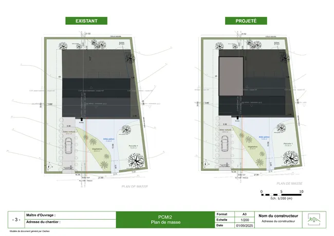 Exemple plan de masse pour permis de construire d'une extension réalisé avec Cedreo