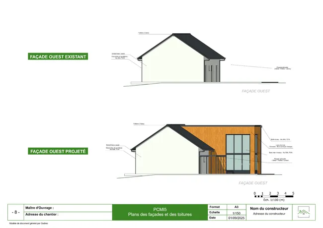 Exemple de la page plans de façade et toiture d'un permis de construire pour une extension réalisé avec Cedreo