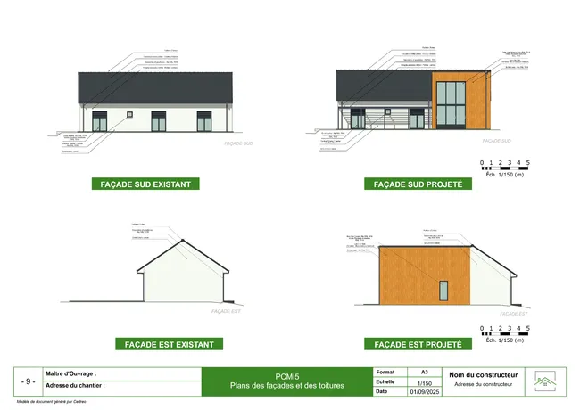 Exemple de la page plans de façade d'un permis de construire pour une extension réalisé avec Cedreo