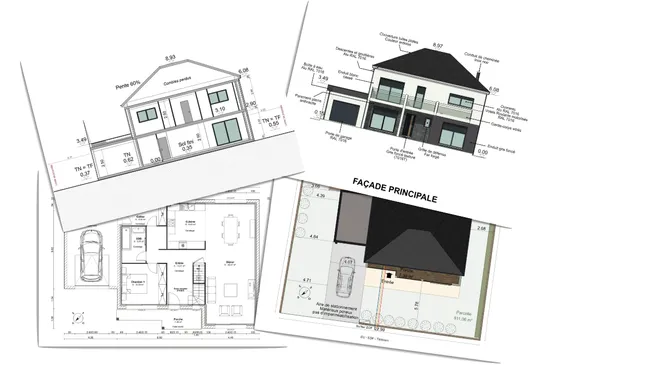 Plans 2D (plan de niveau, plan de masse, plan de coupe et façade) réalisés avec Cedreo