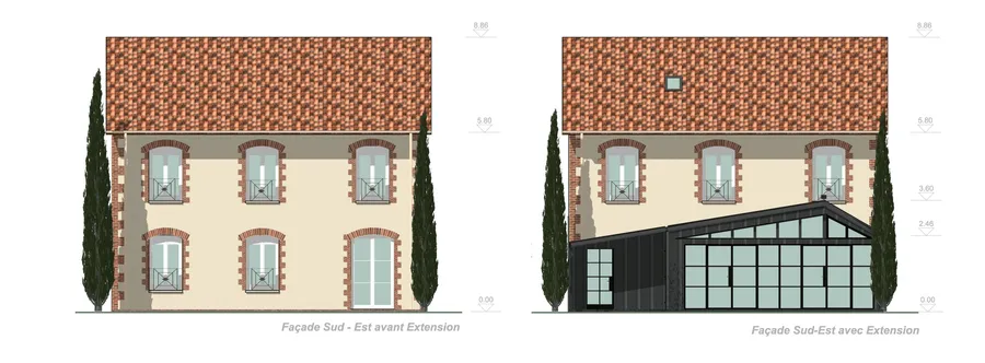 plans de façade avant / après d'une maison avec un projet d'extension véranda réalisé par Cedreo