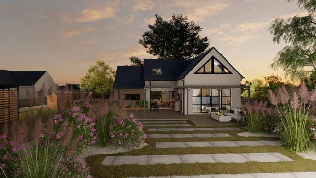 Visuel 3D d'une maison et jardin au soleil couchant éclairé par les lumières réalisé avec Cedreo