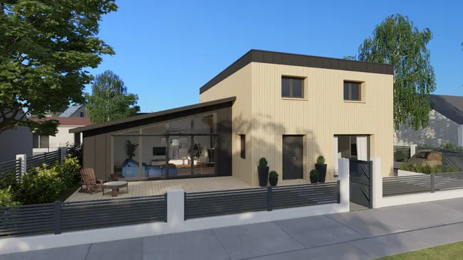 Rendu 3D d'une maison bois avec extension zinc par Cedreo