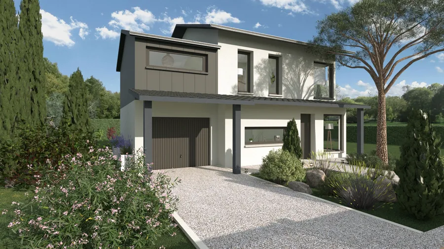 Rendu 3D maison contemporaine avec extension en zinc au dessus du garage