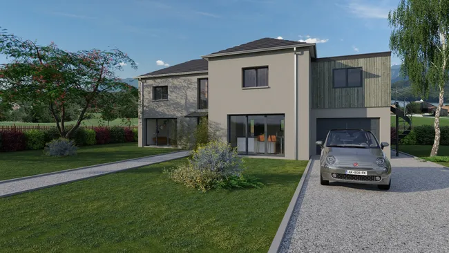 Rendu 3D d'une maison avec surélévation au dessus du garage réalisé avec Cedreo