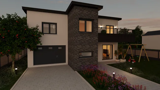 Rendu 3D d'une maison avec surélévation à toit plat réalisé avec Cedreo