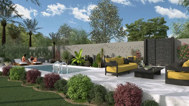 Rendu 3D d'un jardin avec terrasse et piscine réalisé avec Cedreo
