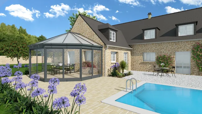Rendu 3D d'une maison en pierre avec veranda réalisé par Cedreo