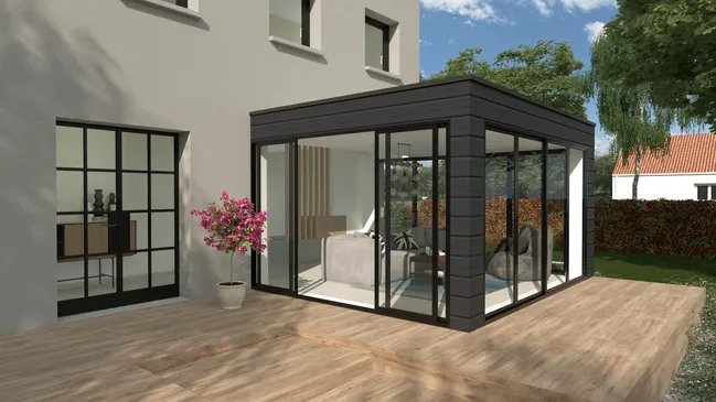 Rendu 3D d'une véranda à toit plat entièrement vitrée accolée à une maison contemporaine réalisé avec Cedreo