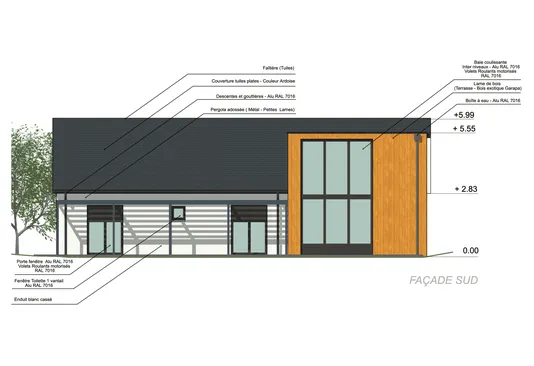 Plan de façade annoté d'un projet d'extension bois réalisé avec Cedreo