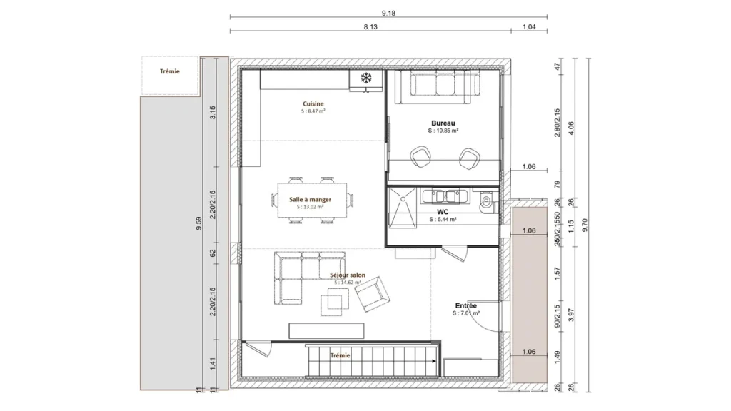 Plan 2D avec symboles et composition des murs réalisé avec Cedreo