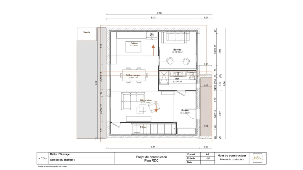 Plan 2D inséré dans un document de présentation réalisé avec Cedreo