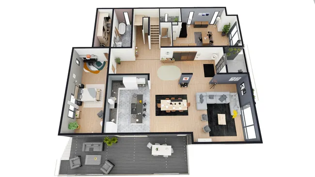 Plan 3D avec fond blanc réalisé avec Cedreo du rez de chaussé d'une maison moderne