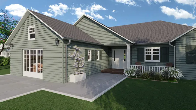 3D render of a ranch House with a family room addition designed with Cedreo