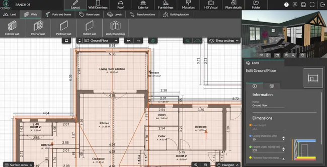 screenshot of the Cedreo layout step with the dual view 2D - 3D