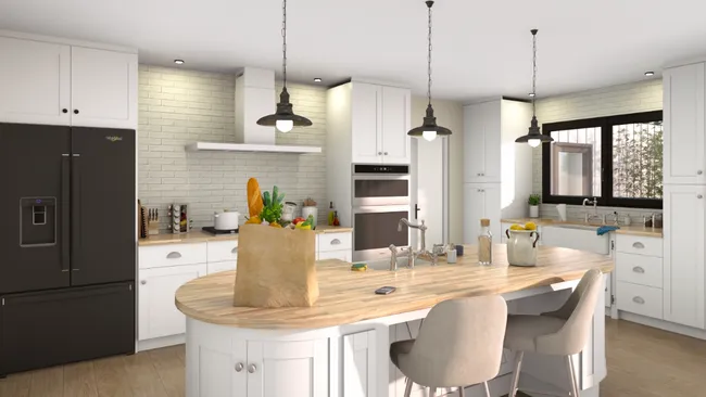 3D render of a kitchen with textured walls by Cedreo