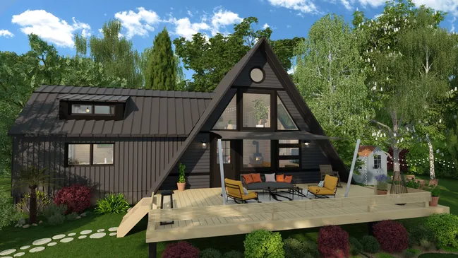 3D render of a modern cabin house by Cedreo