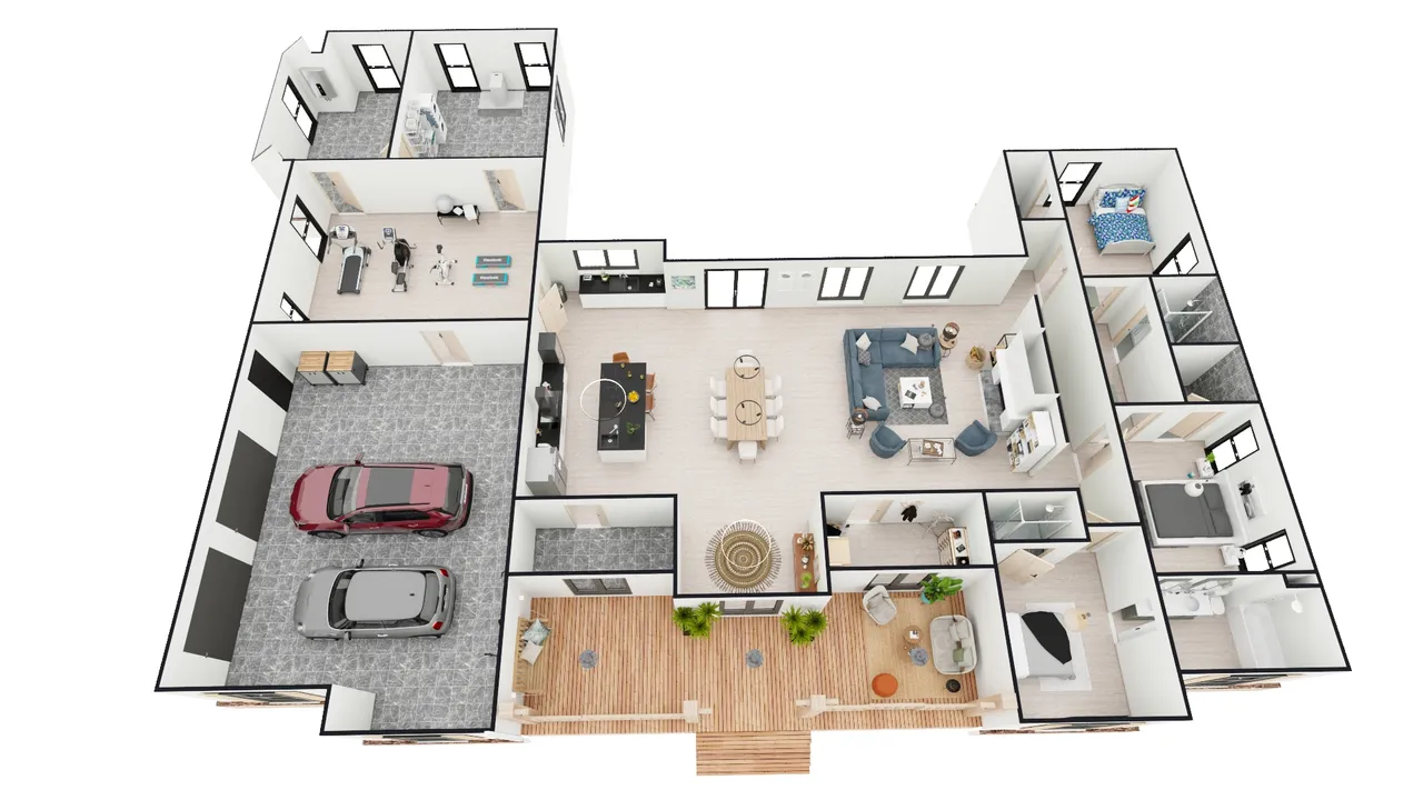 Plan 3D réalisé avec Cedreo d'une maison de plain pied