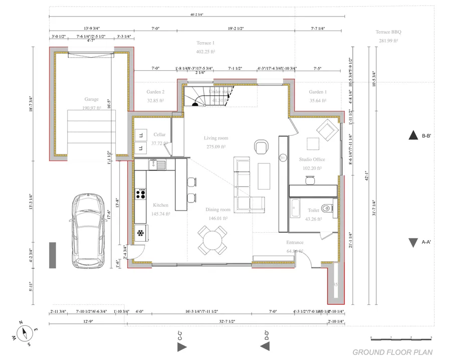 2D ground floor plan with symbols of a modern house by Cedreo